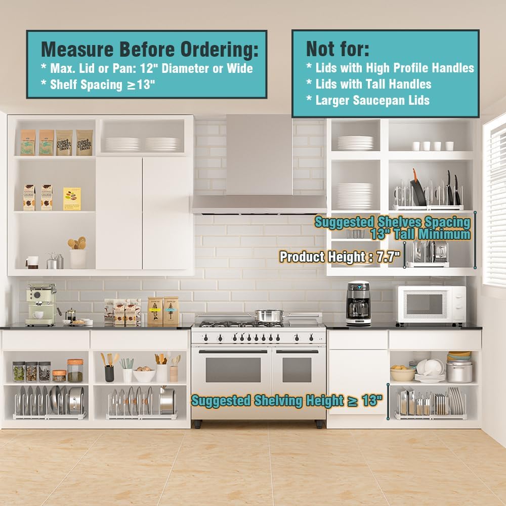 EVERIE Adjustable Bakeware Organizer Pot Lid Holder Rack for Pots, Cake Molds, Cutting Boards, Mats, Cookware, GS02SS, 7.7'' Deep by 12.6'' to 21.5'' Wide