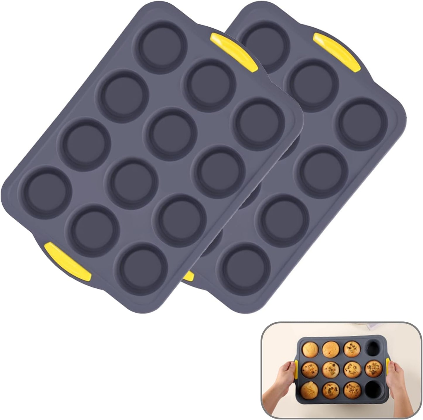 Muffin Pan, Cupcake Pan, Set of 2, 12-Cup Muffin Tin, Non-Stick Bakeware, Easy to Release and Clean, Baking Molds, Muffin Tray, Molds for Homemade Cupcakes & Muffins (Blue silicone)