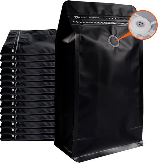 Coffee Bags with Valve (50 PCS,32oz/2lb) Black High Barrier Aluminum Foil Flat Bottom Standing Coffee Beans Storage Packaging Bags, Reusable Heat Seal Side Zipper Pouches for Small Business and Home