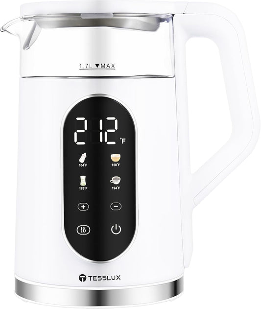 Electric Kettle, 1500W Fast Boiling Glass Water Kettle with Temperature Control, 1.7L Cordless Stainless Steel Base, Keep Warm & Auto Shut-Off, BPA-Free, White