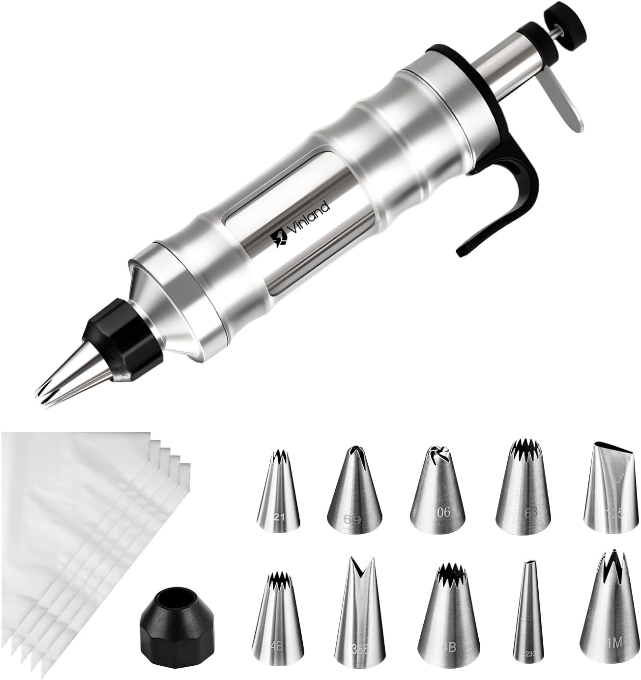 Dessert Decorating Syringe Set Icing Piping Kit Frosting Piping Kit Stainless Steels Cake Decorating Kit with 10 food grade stainless steel piping tips & 50 Disposable Piping Bags Black