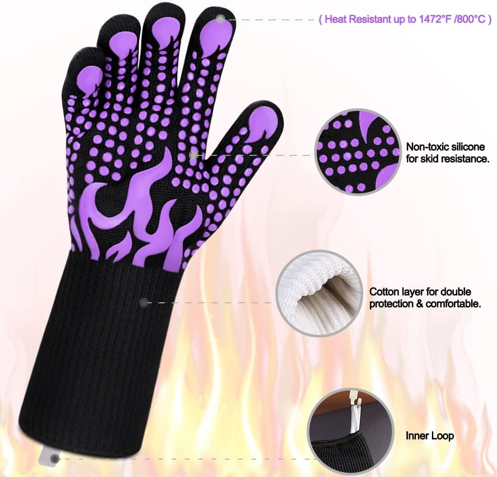 Comsmart BBQ Gloves, 1472 Degree F Heat Resistant Grilling Gloves Silicone Non-Slip Oven Gloves Long Kitchen Gloves for Barbecue, Cooking, Baking, Cutting