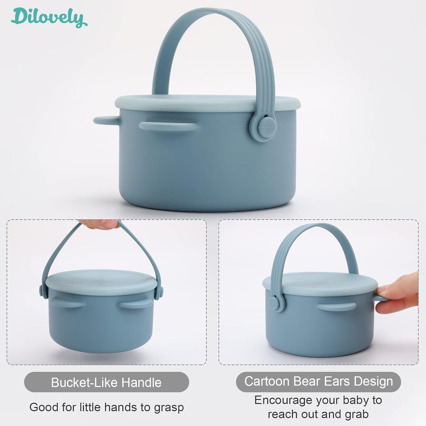 Snack Cups for Toddlers, Baby Snack Containers, Silicone Toddler Snack Cups No Spill, Food Catcher with Lid & Bucket-like Handle, BPA Free & Dishwasher Safe, 9 Ounce Smoke Blue