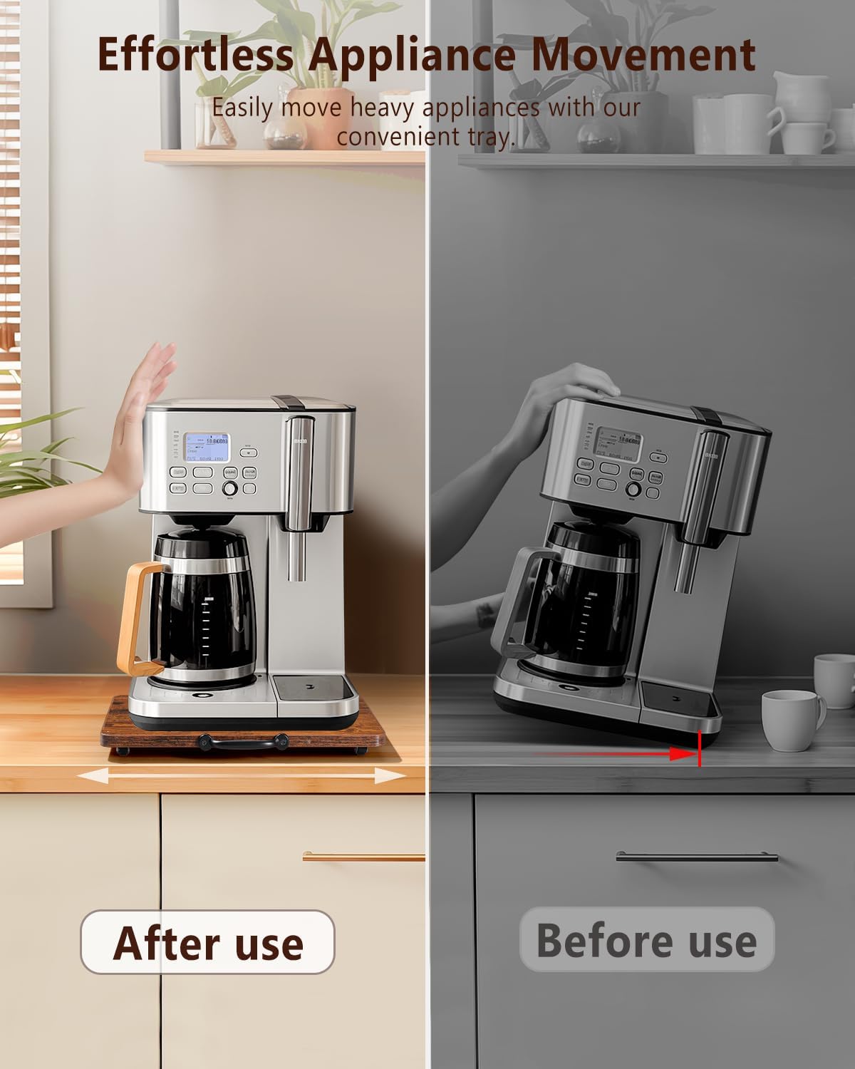 Appliance Slider, Sliding Tray for Coffee Maker, Coffee Pot Slider for Countertop, Kitchen Appliance Rolling Tray with Rubber Wheels (Rustic Brown, Medium - Wide (13” x 9.5”))