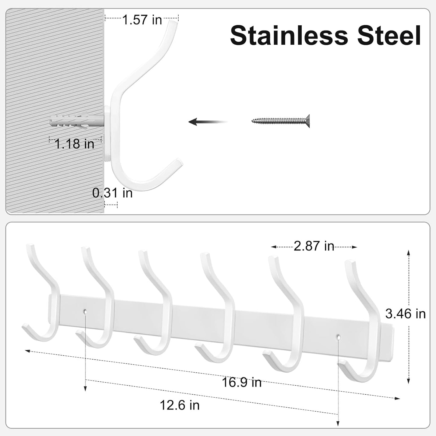 White Wall Hooks Heavy Duty, 17 Inch Coat Hooks Wall Mount with 6 Hooks, Wall Hooks Hangers for Entryway, Bathroom - for Hanging Backpack, Bag, Coat, Purse, Hat, Towel, Clothes