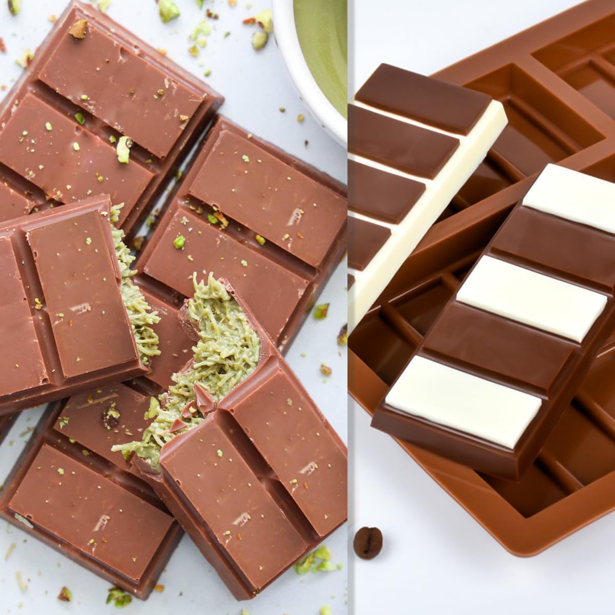 Deep Silicone Chocolate Bar Mold 2-Pack Break-Apart Design with 5 Snap Sections for Pistachio, Middle Eastern Desserts & Custom Candy Bars - Non-Stick, Food-Grade, Reusable Baking Molds