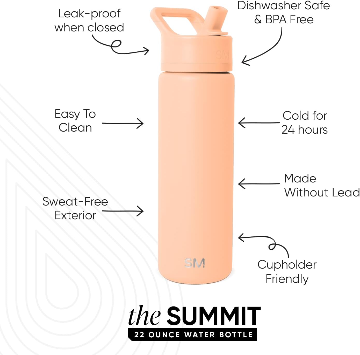 Simple Modern Water Bottle with Straw Lid | Vacuum Insulated Stainless Steel Metal | Reusable Leak Proof BPA-Free Cup for School | Summit Collection | 22oz, Bellini