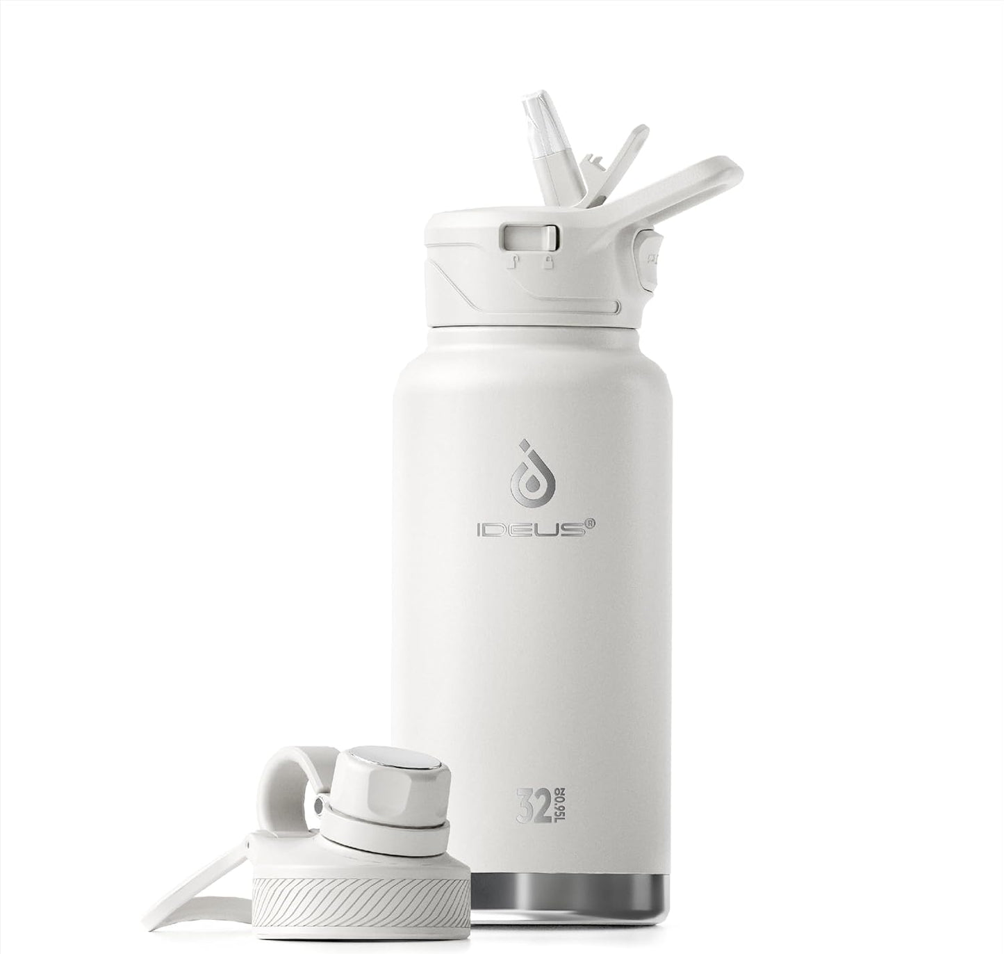 IDEUS Insulated Stainless Steel Water Bottle with 2 Leak-Proof Lids, Thermal Water Flask for Hiking Biking, 32oz, White