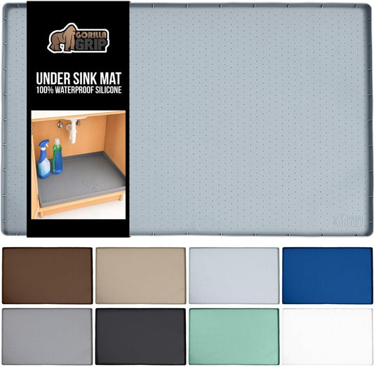 GORILLA GRIP Waterproof Silicone Under Sink Mat with Raised Lip for Kitchen and Bathroom, 28 x 22 in, Cabinet Shelf Liner Stay in Place Mats Dishwasher Safe Drawer Liner, Organizer Tray, Light Grey
