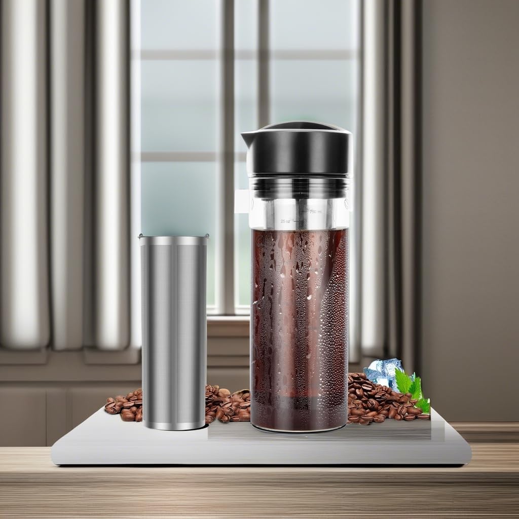 25oz Cold Brew Coffee Maker 4 Cup Capacity Tea Maker, Iced Coffee Pot, Cold Heat Resistant Borosilicate Glass Carafe, Stainless Steel Mesh Filter Basket and Black Freshness Lid