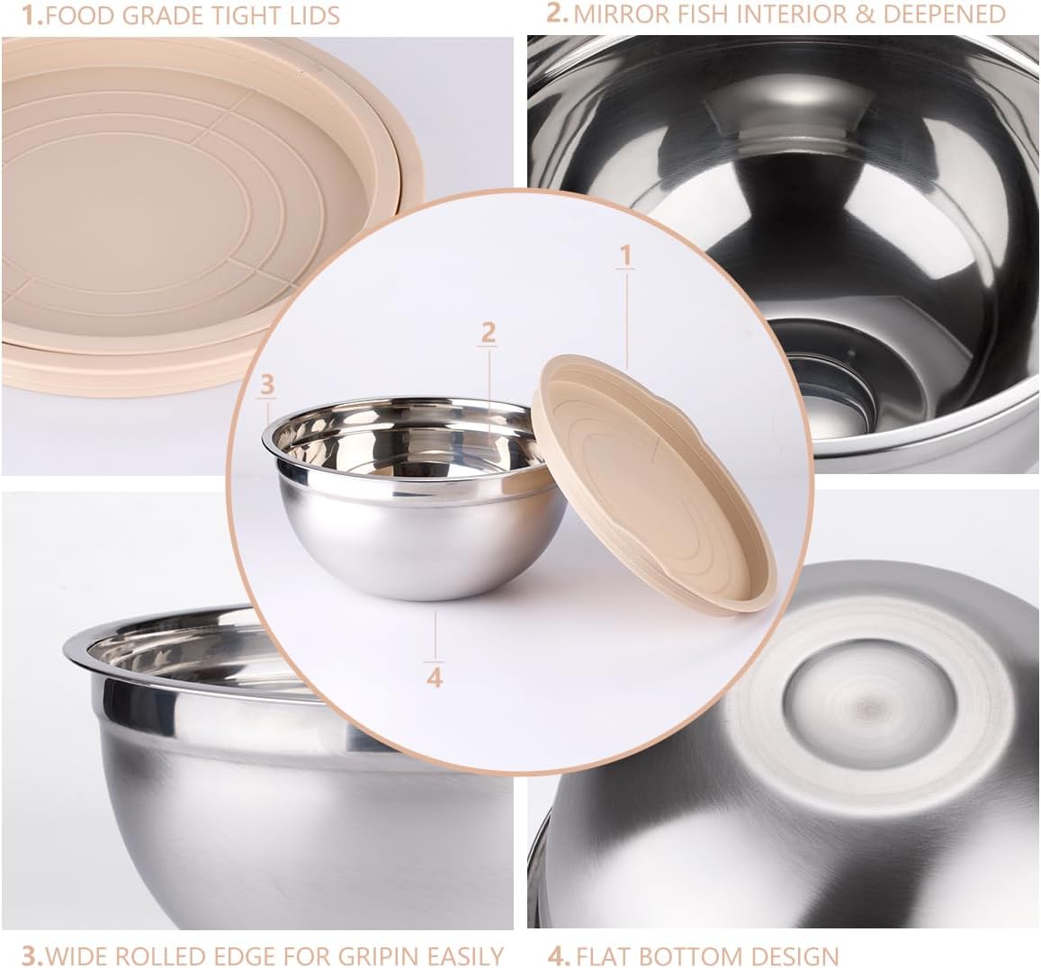Mixing Bowls with Lids set - 25 PCS Stainless Steel Nesting Khaki Mixing Bowls Set for Baking,Mixing,Serving & Prepping,Size 5, 3.7, 2.8, 2.3, 1.7, 1.1, 0.7QT, 11 Cooking Utensils