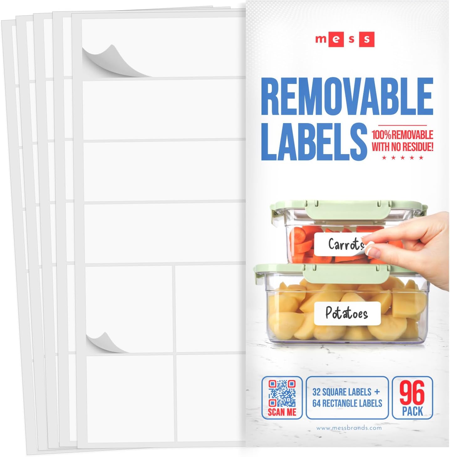 MESS Removable Food Labels for Containers (96-Pack) 1x3" & 1.5" Erasable Kitchen Labels for Organizing, Freezer & Fridge, White Dry Erase Labels for Jars
