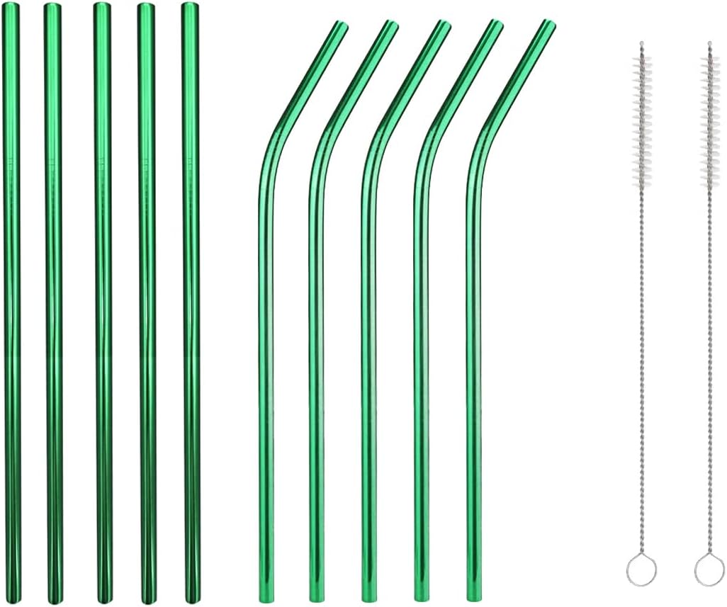 10 Pcs Stainless Steel Straws, Reusable Drinking Straws, 5 Straight + 5 Bent Metal Straws Set With 2 Pcs Cleaning Brushes (Green, 10.5 Inch)