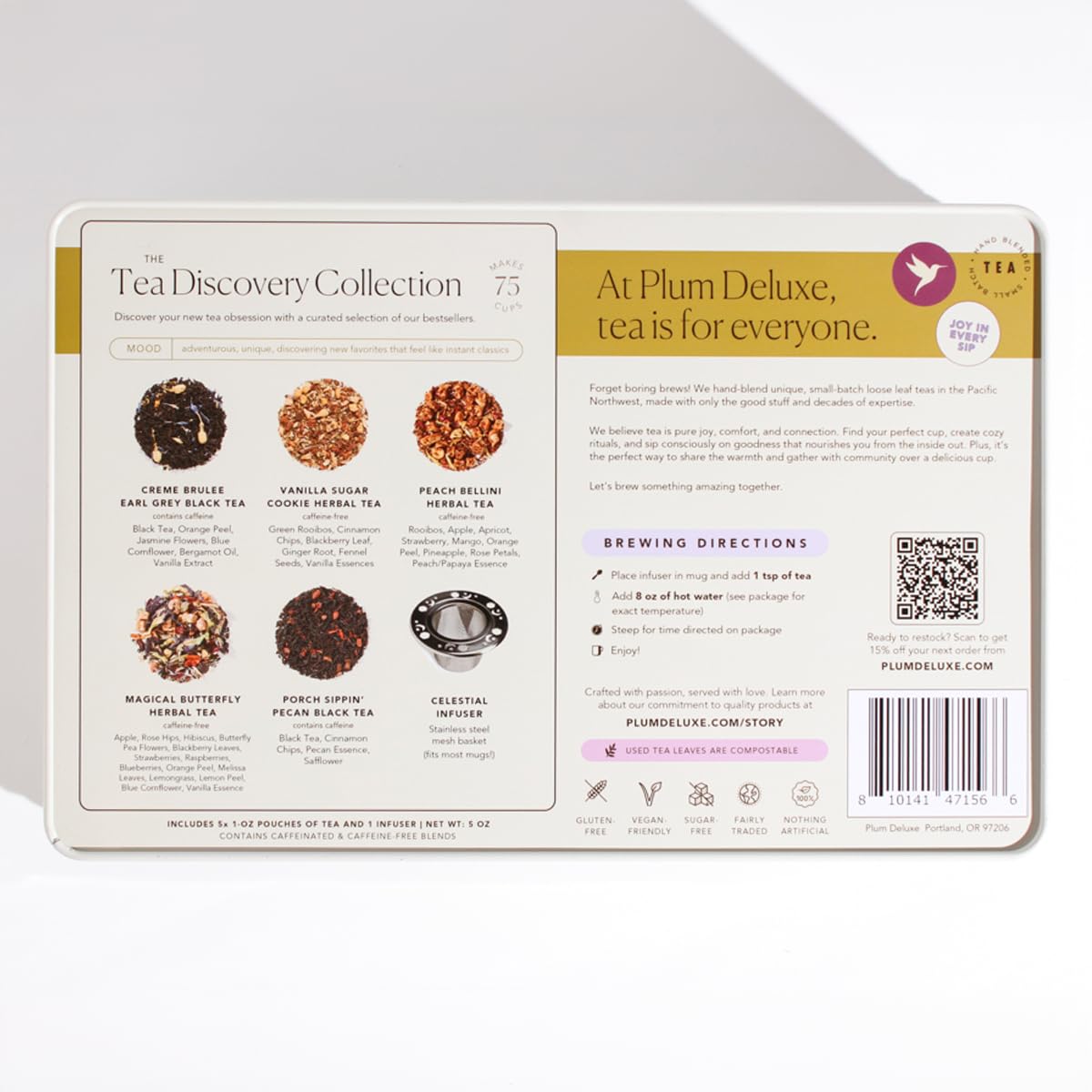 Tea Discovery Collection Assorted Tea Gift Set - 5 Hand-Crafted Loose Leaf Teas, Presentation Gift Box with Loose Leaf Steeper Included - Mixed Caffeine - 5 Unique and Flavorful Teas - 75 Cups