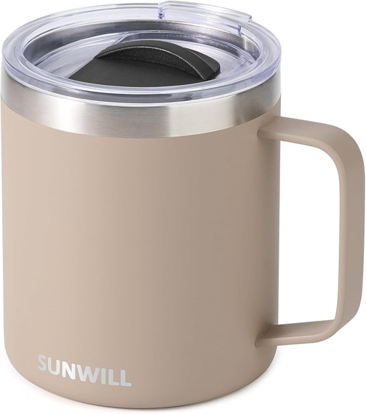 SUNWILL Travel Coffee Mug with Lid, Insulated Tumbler with Handle, 14oz Stainless Steel Cup for Camping, Office, Home, Powder Coated Taupe