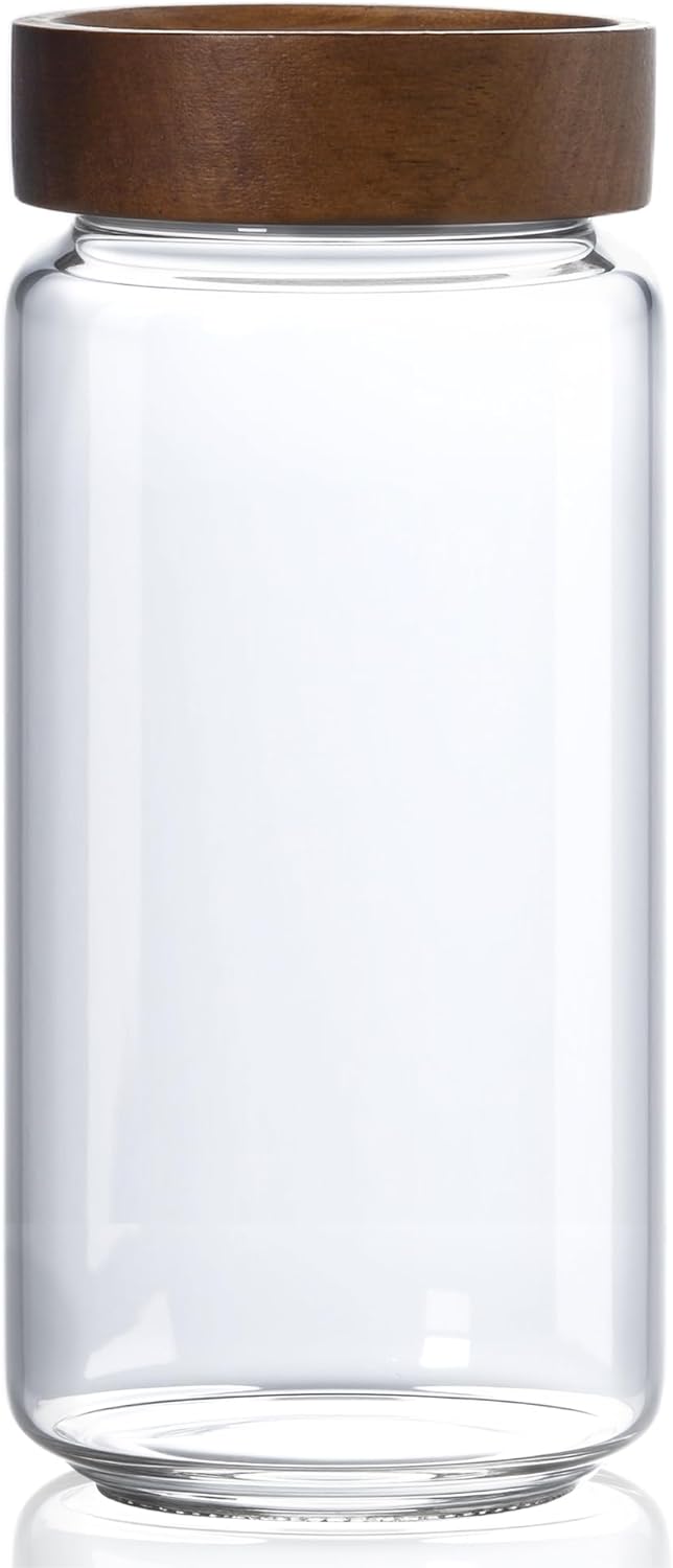 30 oz/900 ml Glass Jar with Airtight Wooden Screw Top Lid, Clear Stackable Food Storage Canister, Large Tall Decorative Glass Container for Coffee, Candy, Cookie, Sugar, Oatmeal, Salt, Pasta