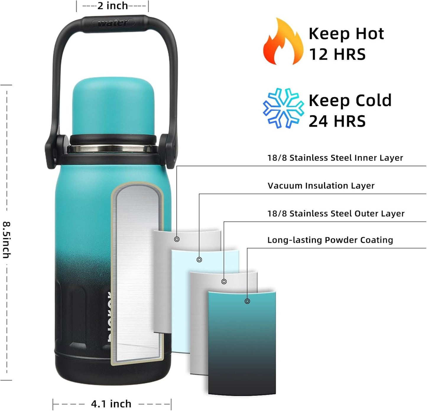 BJPKPK Insulated Thermos Water Bottle with Handle and Lid 27oz Stainless Steel Water Bottles for Cold and Hot Beverages,TealBlack
