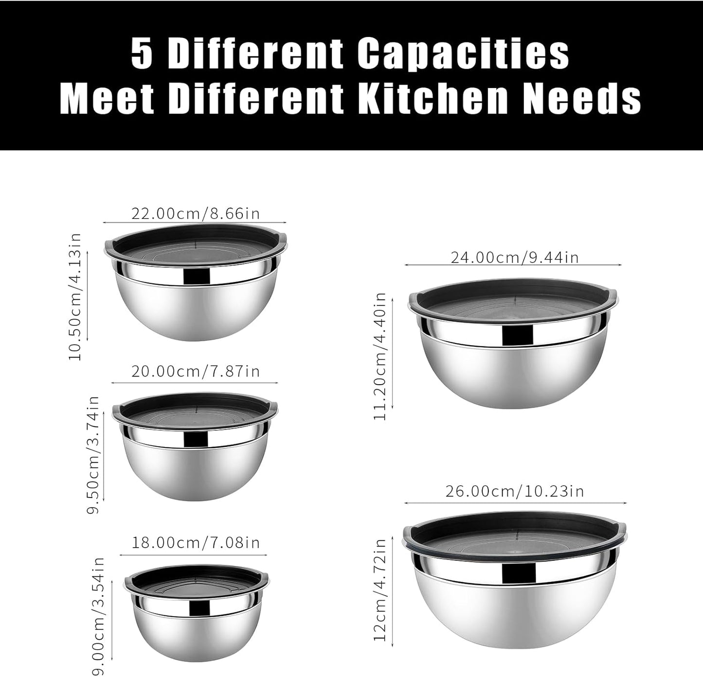 Lazycorner Mixing Bowls with Airtight Lids Set 5 Pcs Stainless Steel Bowls Set Baking Set Non-Slip Silicone Bottoms Great for Serving & Baking