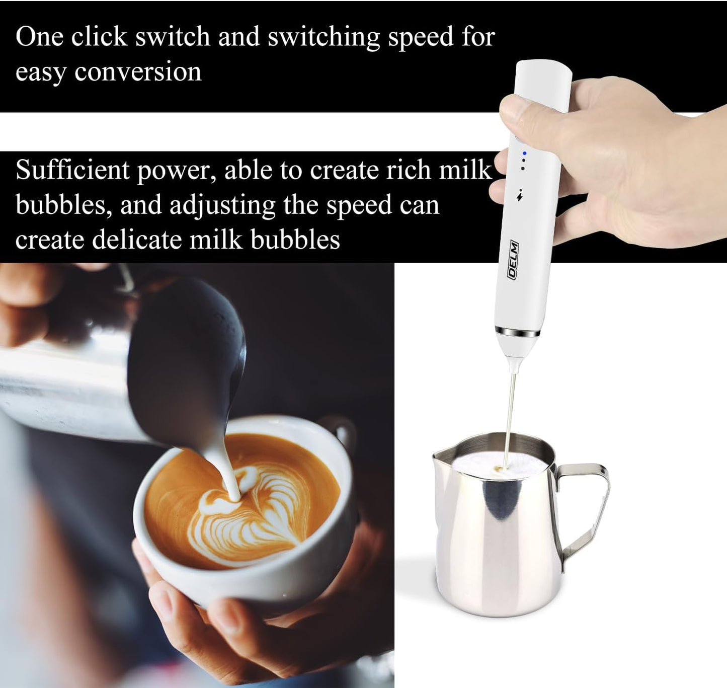 Delm Milk Frother Electric USB Stainless Steel Accessory - Frother Wand Foam Maker for Lattes - Milk Frother Handheld for Cappuccino, Frappe, Matcha, Hot Chocolate - Frother for Coffee (white)
