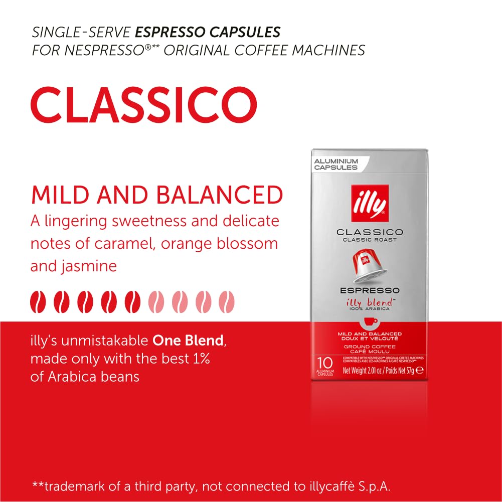 Illy Espresso Compatible Capsules - Single-Serve Coffee Capsules & Pods - Classico Roast - Notes Of Caramel, Orange Blossom & Jasmine Coffee Pods - For Nespresso Coffee Machines – 10 Count