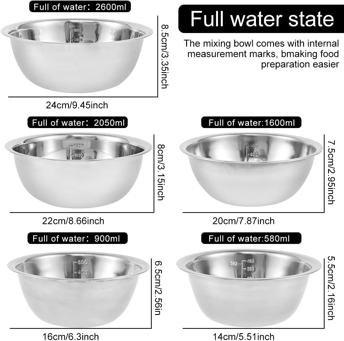 Nesting Mixing Bowl Set, 10 Pack Stainless Steel Bowls with Scale Marks, Baking Bowls Mixing Set for Kitchen Food Space Saving Storage, Cooking, Baking.