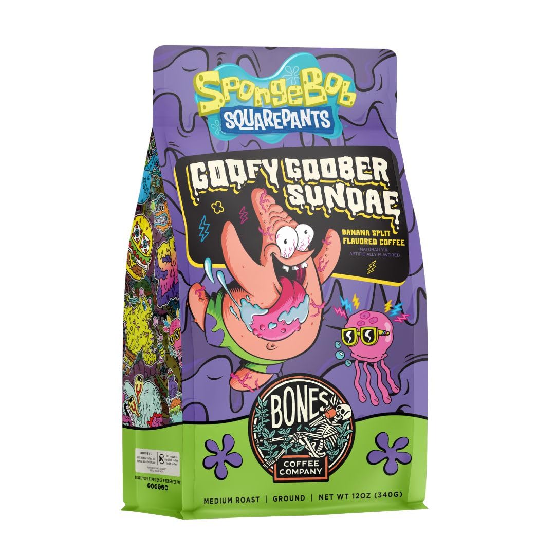 Bones Coffee Company Spongebob Goofy Goober Sundae, Banana Split Flavored Coffee, Medium Roast Low Acid Arabica Beans Compatible with Auto drip and French Press Coffee Maker, 12 Oz Ground