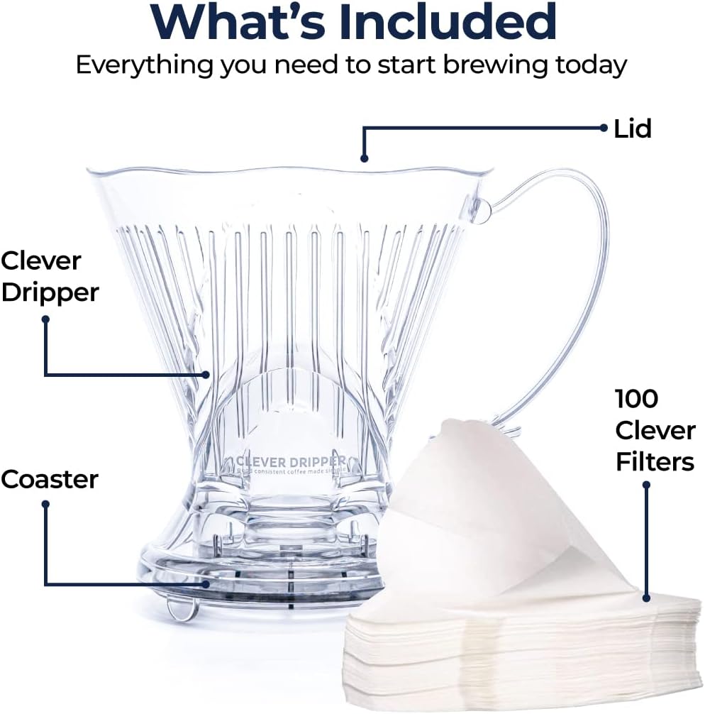 Clever Coffee Dripper and Filters, Large 18 oz, Original Classic Design, Safe BPA Free Plastic, dripper coffee maker, drip coffee maker pour over, 100 filters, coaster and lid, 18 oz (Clear)