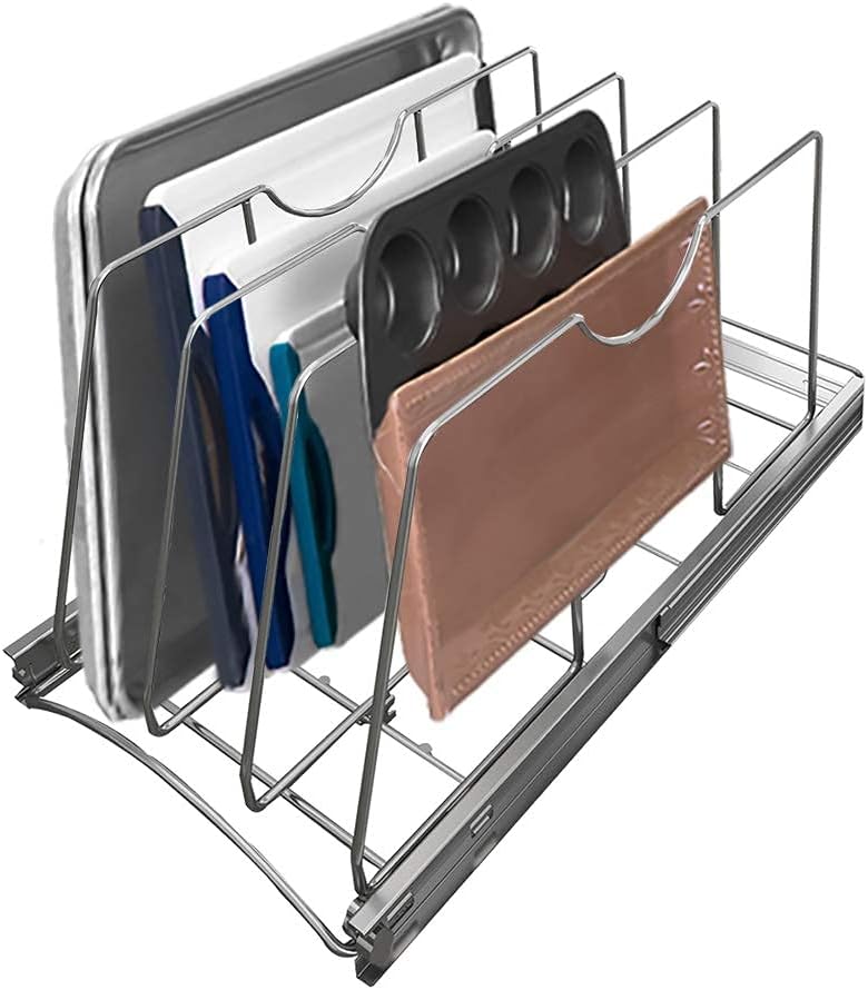 Pull Out Cookie Sheet Organizer for Cabinet, Pan and Pot Rack, Cutting Board Organizer Rack, Baking Tray Organizer for Cabinet, Adjustable Divider Width, 11" W x 22" D x 11.8" H, Chrome