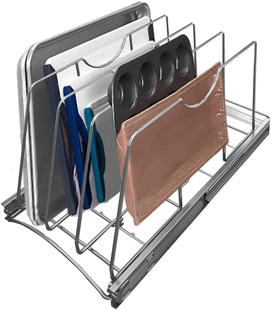 Pull Out Cookie Sheet Organizer for Cabinet, Pan and Pot Rack, Cutting Board Organizer Rack, Baking Tray Organizer for Cabinet, Adjustable Divider Width, 11" W x 22" D x 11.8" H, Chrome