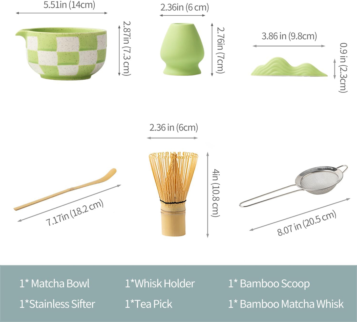 7pcs Traditional Matcha Tea Ceremony Set, green Ceramic Bowl with Bamboo Whisk, Holder and Strainer (Green grid) Elegant Matcha Set for Gifting and Personal Use, Gift Box Packaging