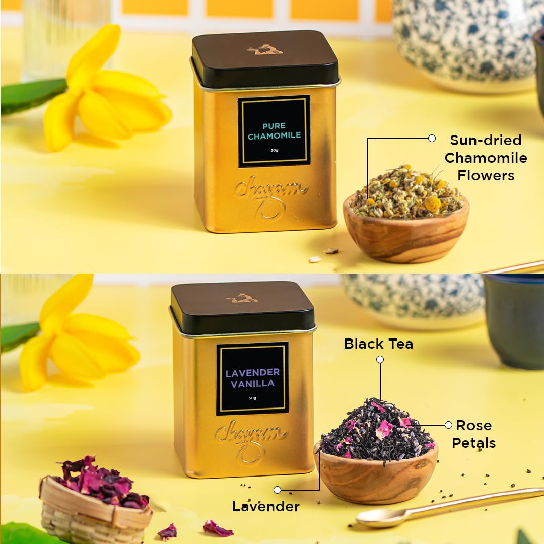 CHAYAM Blissful Infusion – Lavender Vanilla (1.76oz) & Pure Chamomile (1.1oz) Wellness Tea Gift Set + Infuser Loose Leaf Black & Herbal Tea Tin Caddies | For Better Sleep & Relaxation