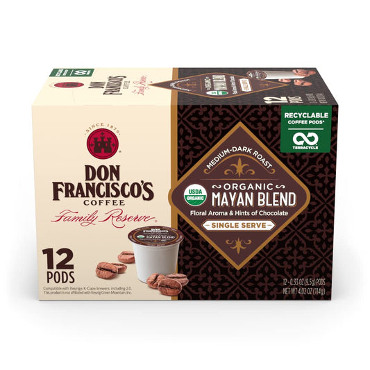 Don Francisco's Organic Mayan Blend Coffee - 12 K-Cup Compatible Single-Serve Pods - 100% Arabica - Bold Flavor with Floral Aroma and Chocolate Hints - Compatible with Keurig Brewers