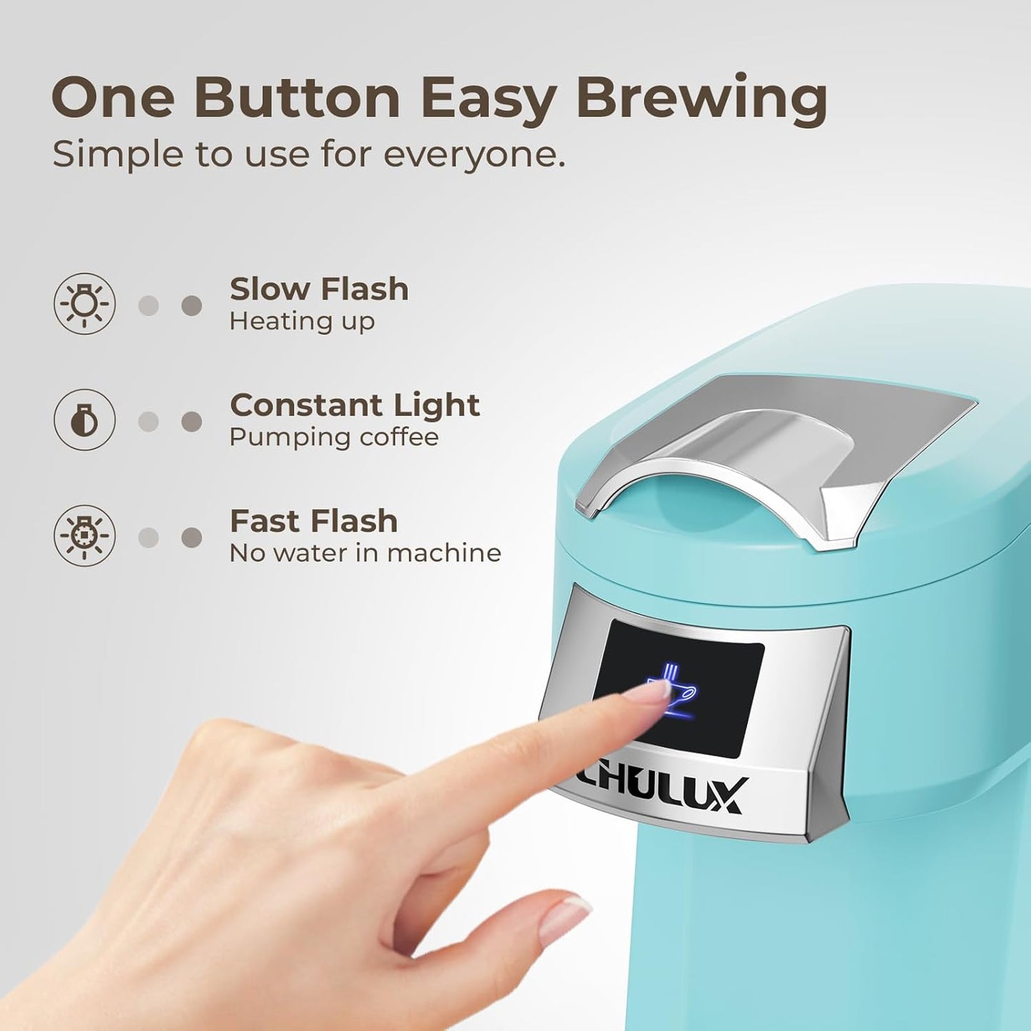 CHULUX Classic Single Serve Coffee Maker for K Cup, One Button Easy Coffee Machine for Office, RV, Travel and Dorm, Cyan