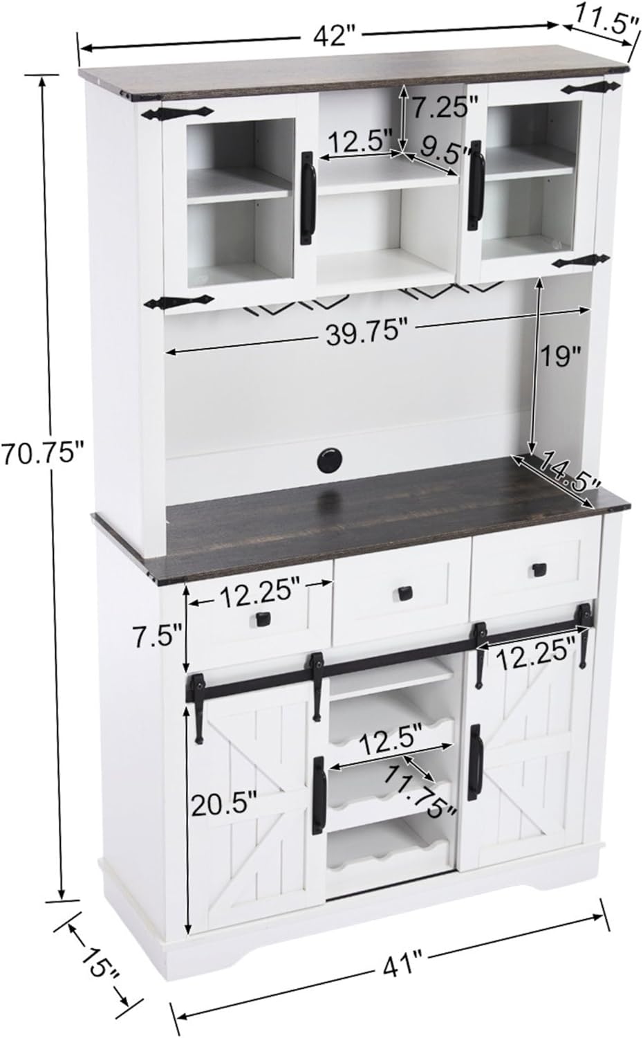 Coffee Bar Cabinet with Sliding Barn Doors 71'' Farmhouse White Pantry Cabinet with Drawers & Wine Glass Rack Rustic Buffet Cabinet for Kitchen, Black