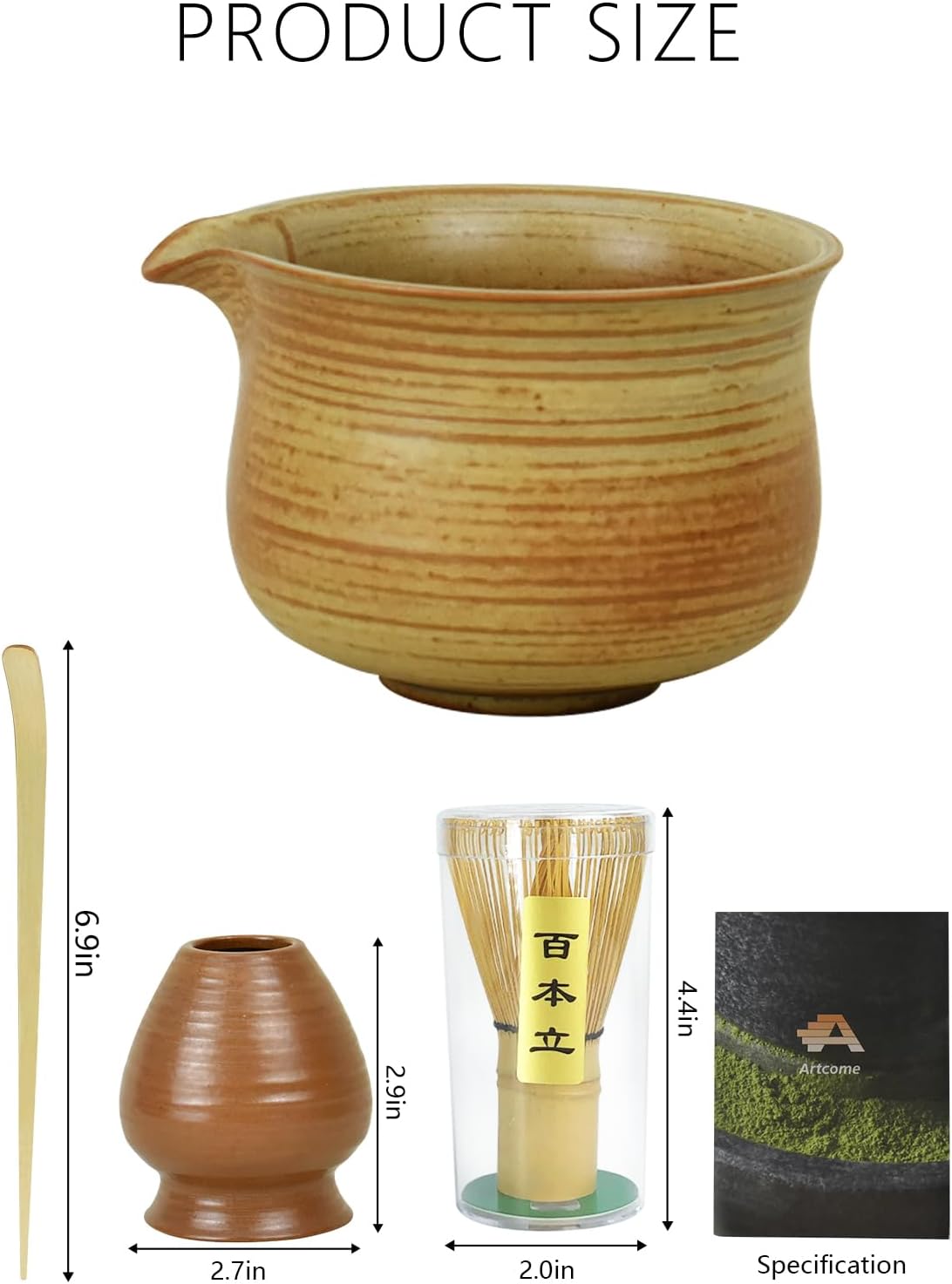 Artcome Matcha Tea Set – 4 Piece Japanese Ceremonial Kit with 9oz Ceramic Bowl with Spout, Bamboo Whisk, Scoop, Whisk Holder & Tea Manual – Traditional Matcha Starter Kit for Daily Use