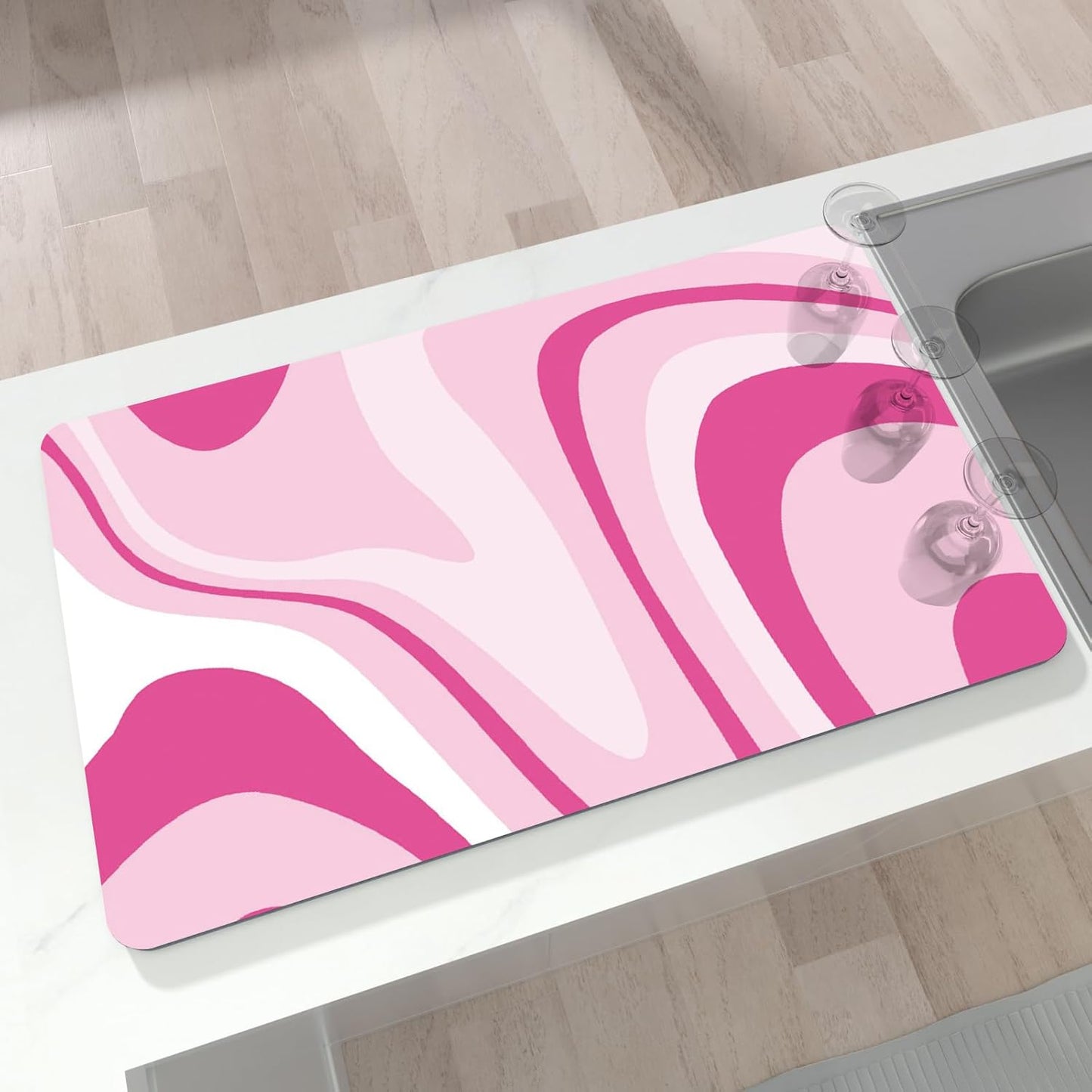 Dish Drying Mat for Kitchen Counter, 12" X 20" Absorbent Coffee Bar Mat Rubber Backing, Easy to Clean Kitchen Drying Matt for Dishes, Utensils, Countertops, Pink Abstract