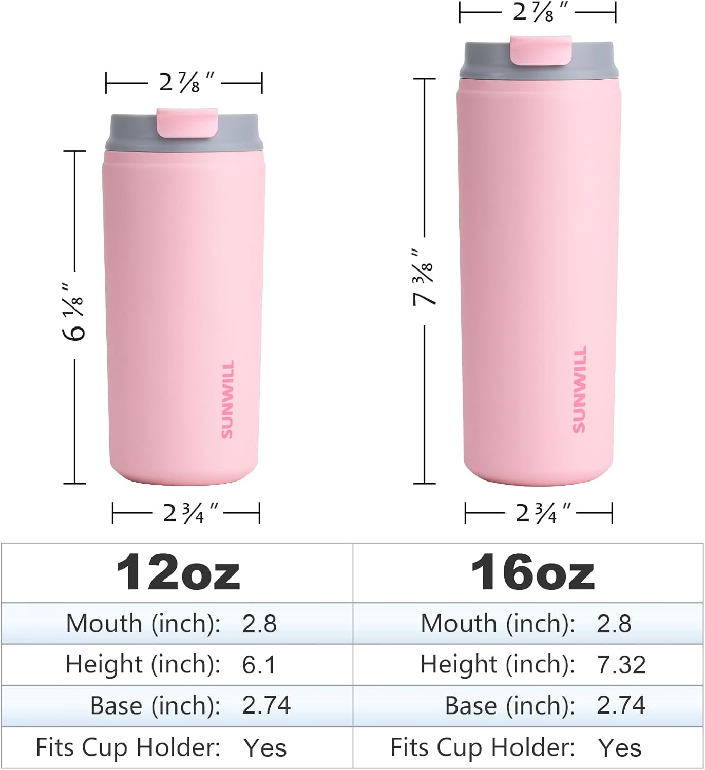 SUNWILL Travel Coffee Mug with Lid, Stainless Steel Coffee Tumbler Cups Leakproof 16 oz, Powder Coated Light Pink