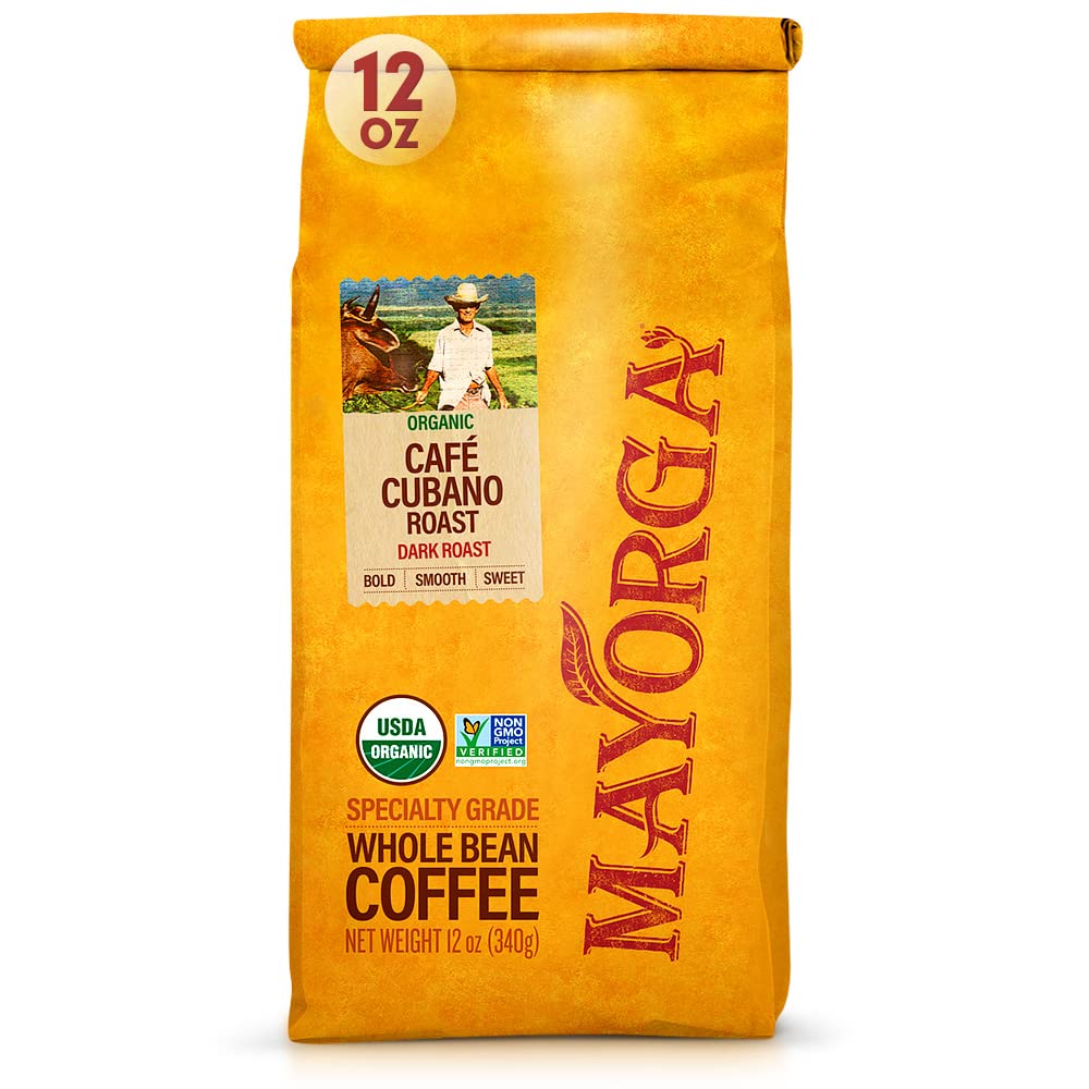 Mayorga Organic Coffee 12oz Cafe Cubano Roast - Dark Roast Whole Bean Coffee Specialty Grade, 100% Arabica, Slow Roasted, Bold and Smooth Flavor with Low Acidity - USDA Organic, Non-GMO, Kosher,