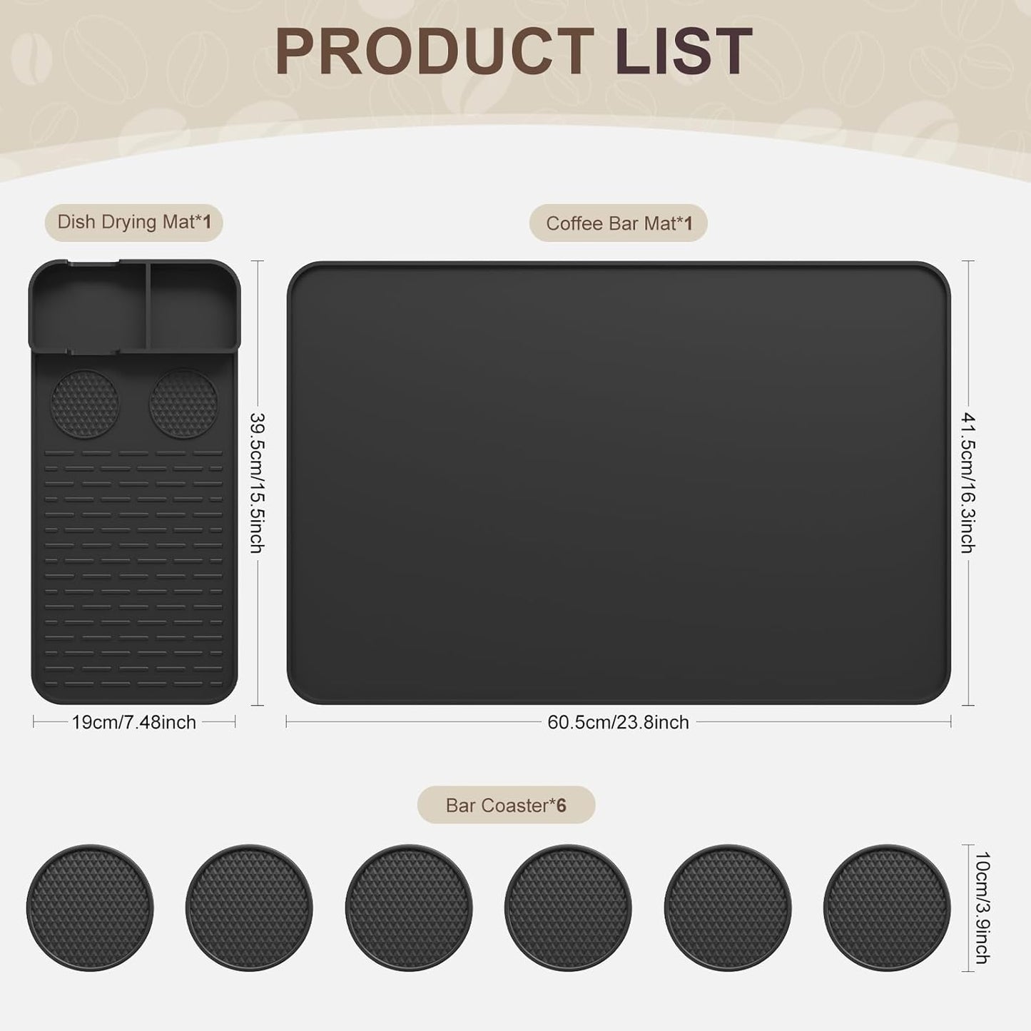 Silicone Coffee Mat with 6PCS Coasters,24''x16'' Kitchen Bar Accessories Fits Under Coffee Maker and Pot,Espresso Machine,Detachable Dish Drying Mat for Tamper,Sugar Packets,Cups,Countertop Protection