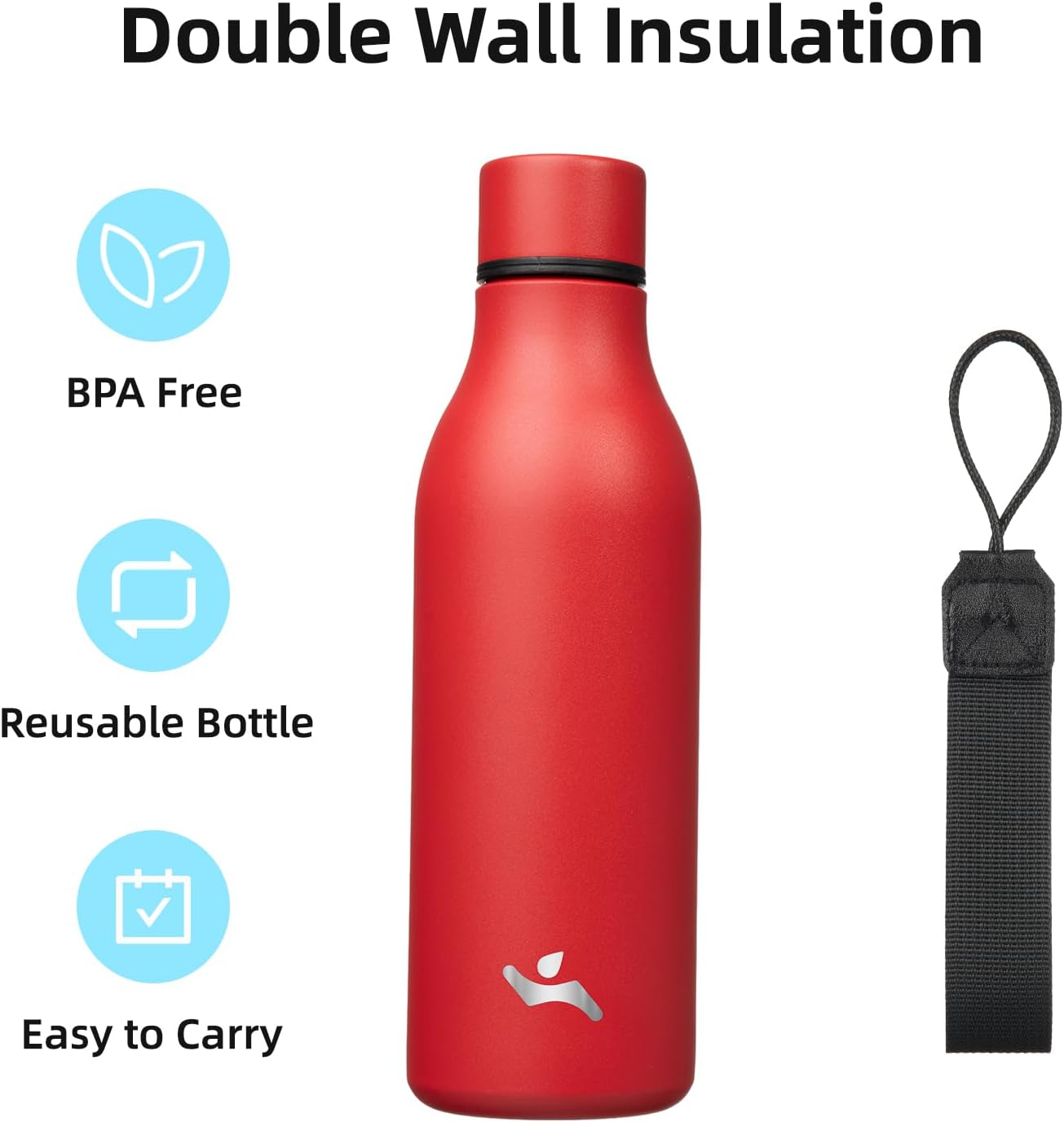 Insulated Water Bottle with Strap,18 oz Double Wall Stainless Steel Vacuum Bottles Metal Water Flask,Red