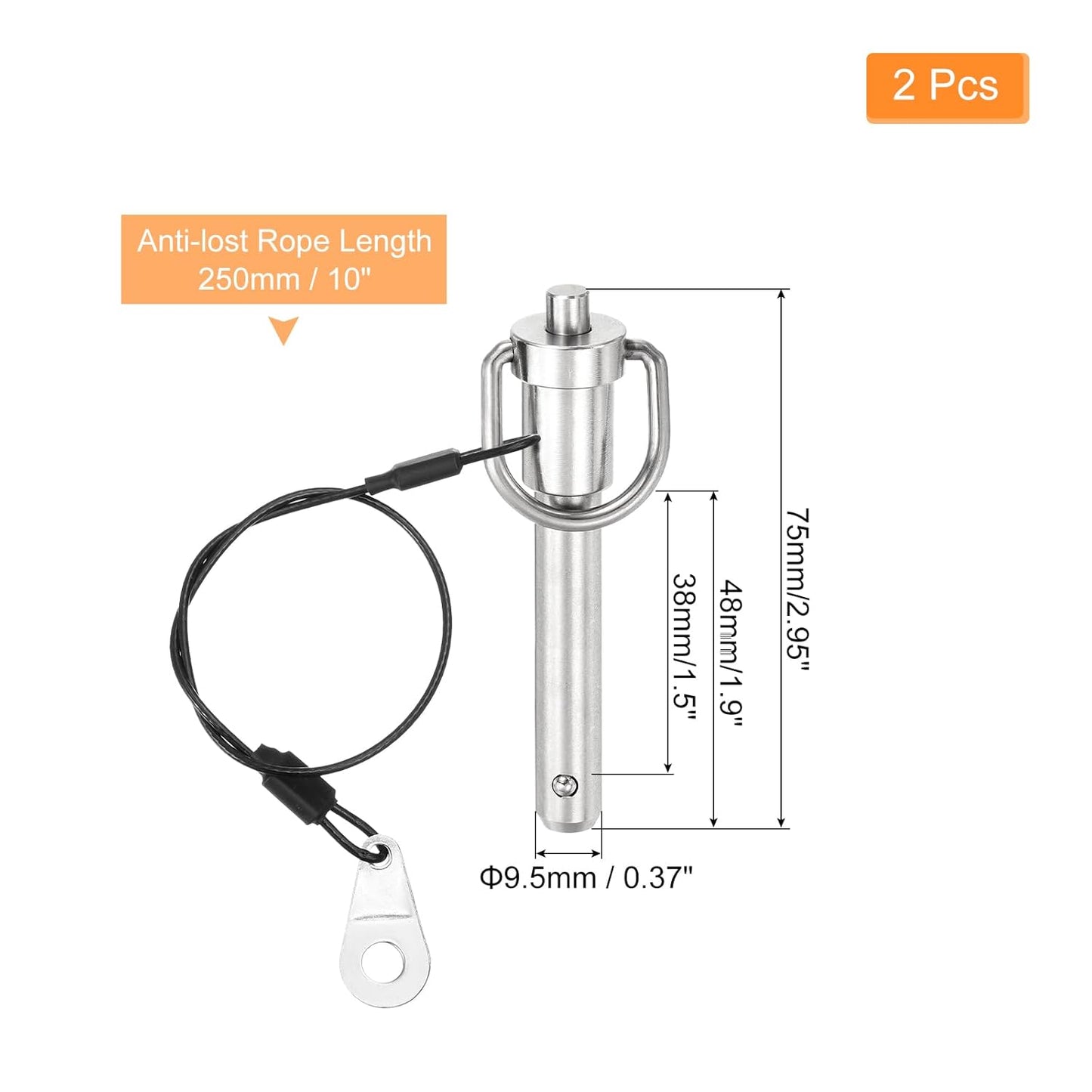 uxcell 2 Pcs Quick Release Pin, 3/8" x 1.5"(Dia. x L) Push-Button Ball Locking Pin 304 Stainless Steel Ring Handle Locking Pin with Wire for Audio Bimini Top Marine, Silver