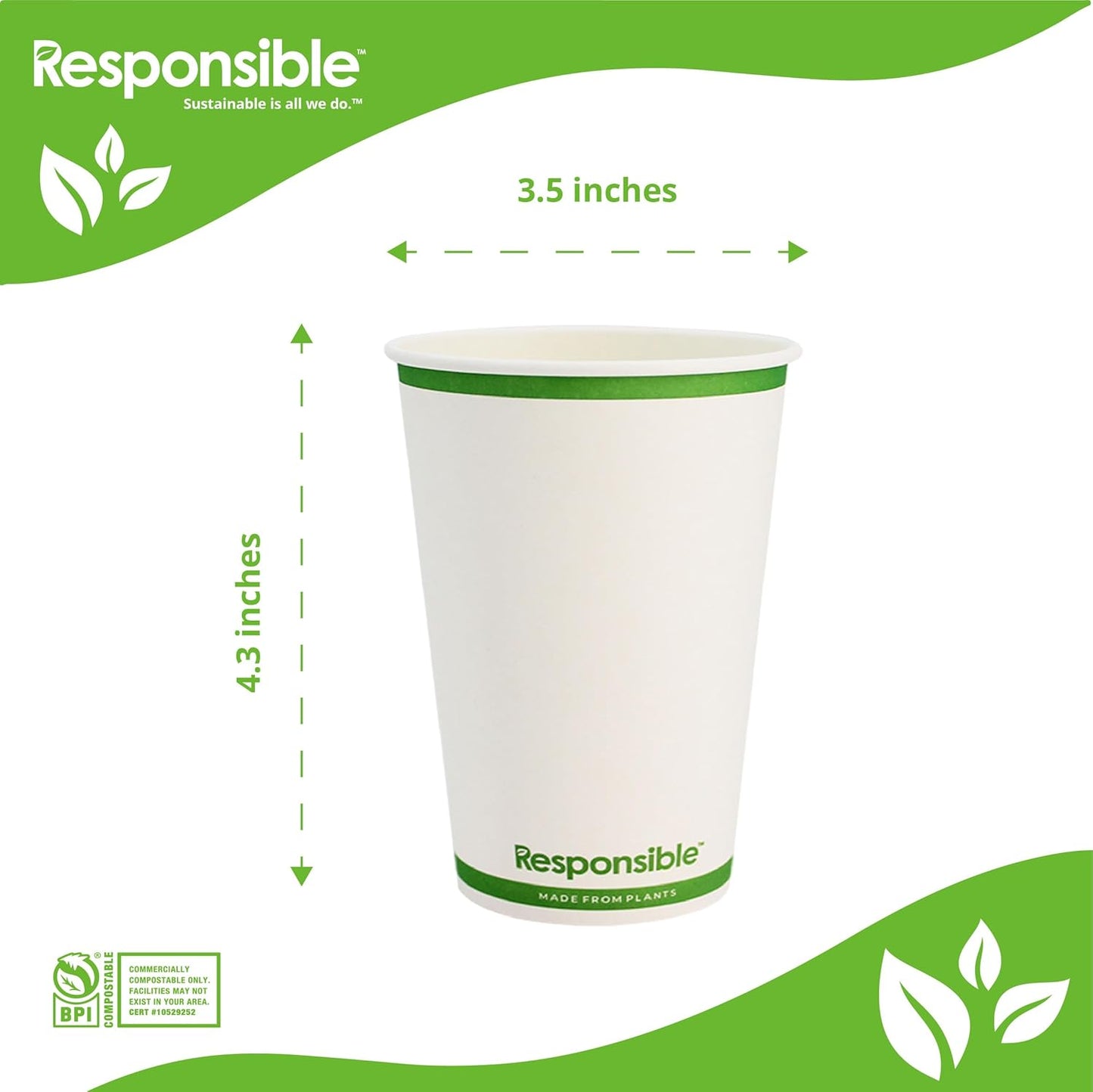 12 oz Paper Hot Cups, Tree-Less™ Compostable Paper Coffee Cups, Extra Strength, Tree-Free and Made Without PFAS, White (1000 Count)