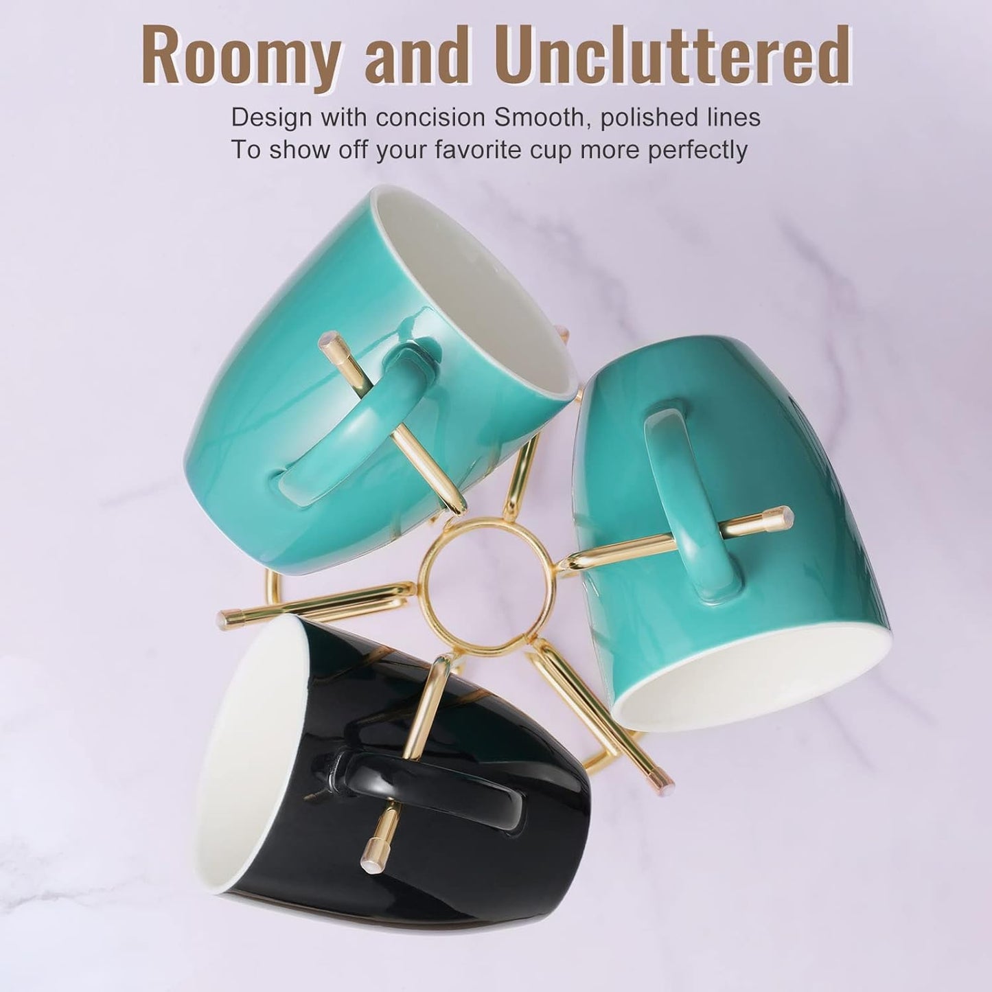 HULISEN Mug Holder for Large Cups, Mug Tree for Counter with 6 Hooks, Metal Coffee Mug Stand for Easy Pick, Place and Display, Coffee Bar Accessories and Decor, Free Standing Mug Rack, Gold