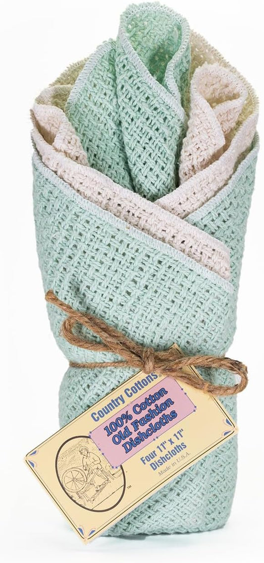 Old Fashion 100% Cotton Dishcloths - Set of 4 Mixed Colors - 2 Mint/2 Natural -11" x 11"