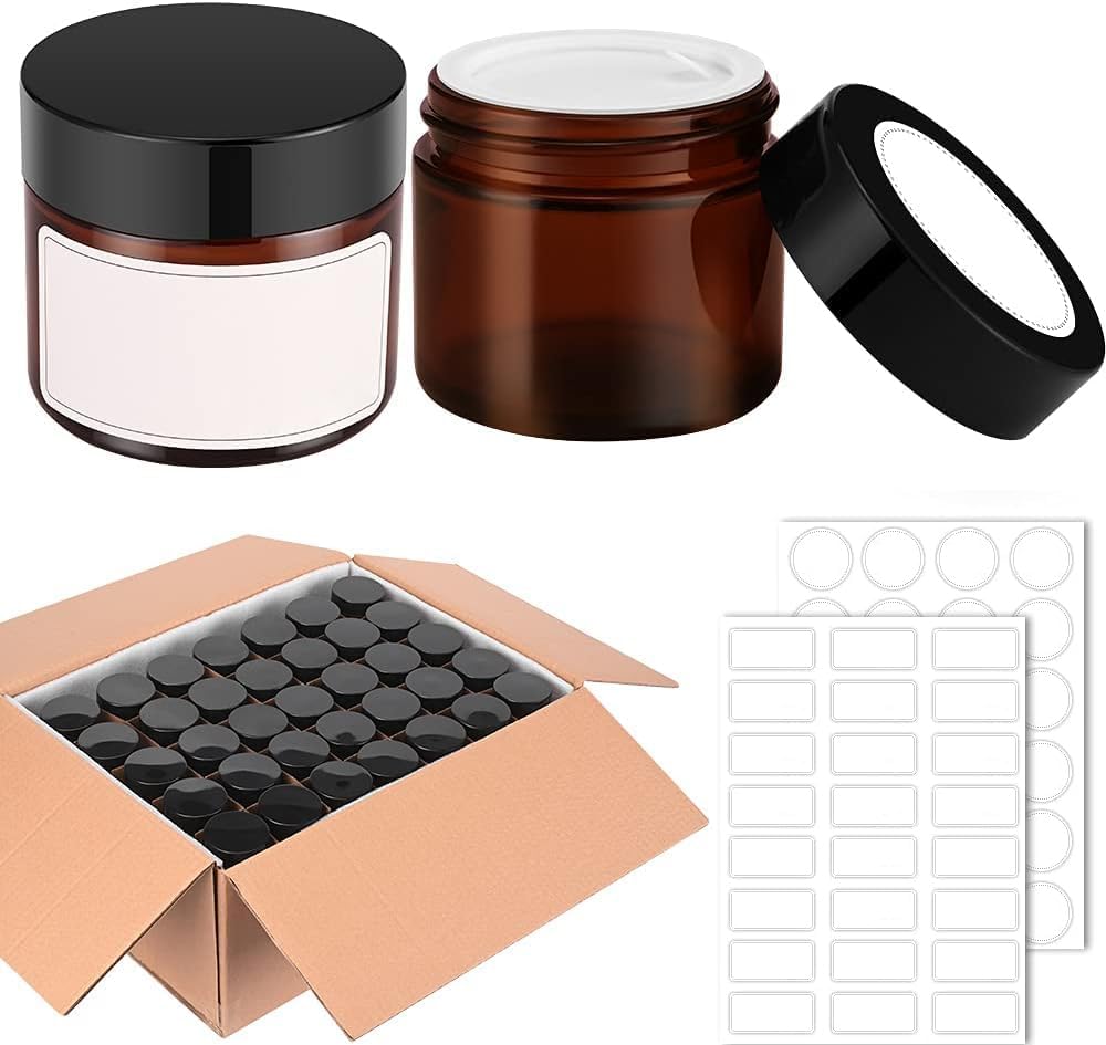 2 oz Round Amber Glass Jars, Bumobum 70 pack Cream Jars with Black Lids, Black and White Labels & Inner Liners, Empty Cosmetic Containers for Cream, Lotion