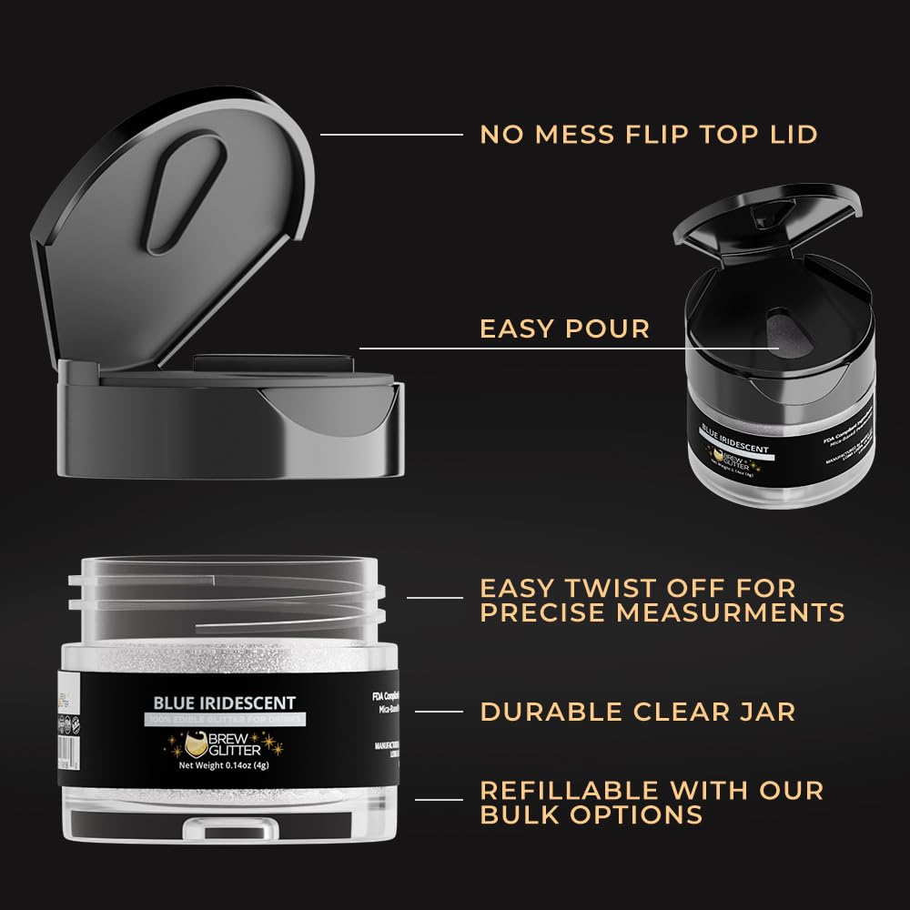 Brew Glitter Iridescent Blue Edible Drink Glitter 1x 4g Jar for Cocktails, Beer, & Beverages