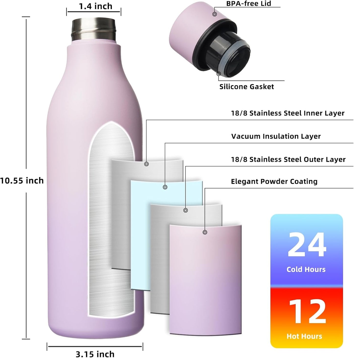 BJPKPK Insulated Water Bottles, 25 oz Stainless Steel Metal Water Bottle with Strap, BPA Free Leak Proof Thermos, Mugs, Flasks, Reusable Water Bottle for Sports & Travel, Dreamy Purple