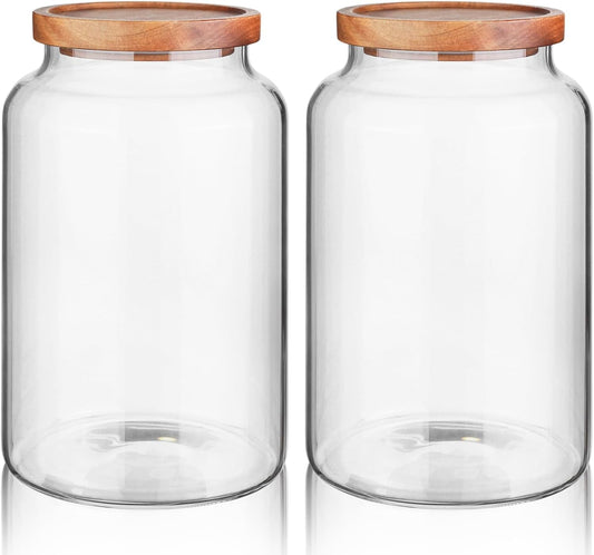 Labina Glass Storage Container Airtight Food Jars Kitchen Canister with Wood Lids, 88 Oz Wide Mouth Pantry Organization Glass Jar for Flour, Sugar, Cookie, Spagetti, Nuts and Candy (2 Pack)