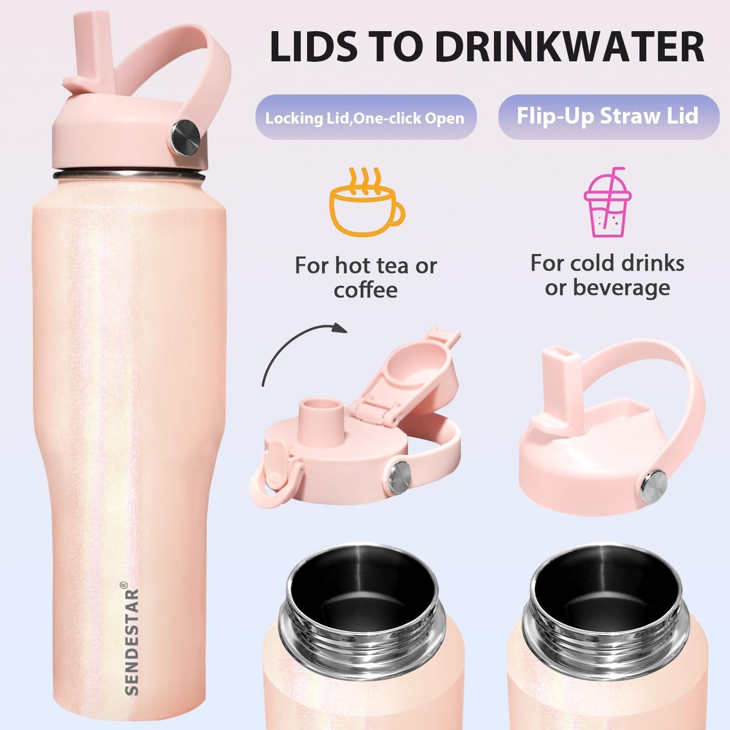 SENDESTAR 40oz Stainless Steel Water Bottle(Cold for 48 Hrs, Hot for 24 Hrs),Double Wall Vacuum Insulated Bottle with Straw Lid, Spout Lid and Flex Cap, Fit in Any Car Cup Holder TXIN-40-Laser Pink