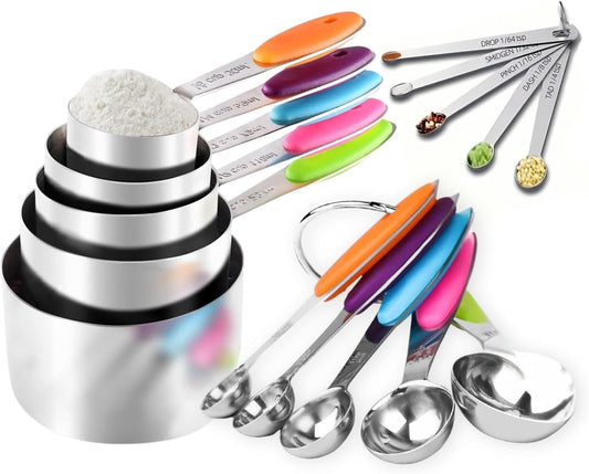 Measuring Cups and Spoons Set of 15, Include 5 Stackable Stainless Steel Cups, 5 Measuring Spoons and 5 Tiny Spoons, Metal Measuring Cups Set with Colored Silicone Handles for Cooking & Baking